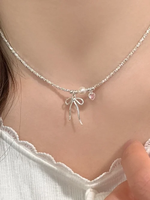 สร้อยโบว์หัวใจชมพู สร้อยคอเงินแท้